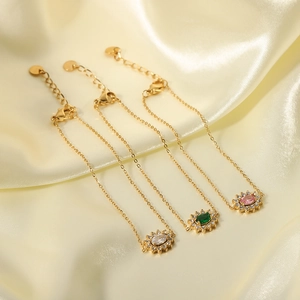 Vintage gold plated stainless steel sunflower bracelet set with emerald and crystal stones