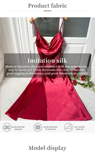 Detail view of the red imitation silk satin fabric and cowl neck design for women robe