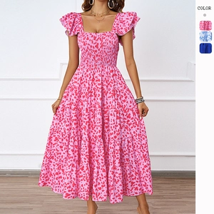 Robe Longue Femmes Col Carré Polyester Froncé Jupe À Étages Manches Courtes Volants Bohème Décontracté Vacances D'été