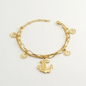 Golden double-layer stainless steel bracelet with anchor pendant and ring charms