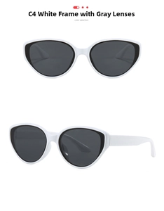 Detail view of cat eye sunglasses in white frames with grey lenses and model C4 logo