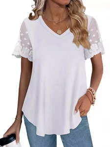 White V-neck t-shirt for women featuring delicate floral lace sleeves on white background