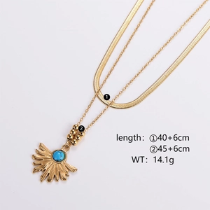 Double Layer Necklace 18K Gold Plated Stainless Steel Sunburst Pendant Blue Stone Bohemian Retro Jewelry For Women