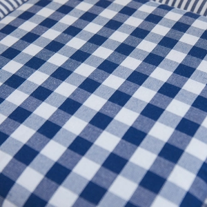 Blue and white gingham linen chair cushion with a high-quality woven fabric texture