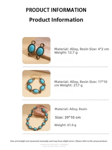 Detail view of oval resin necklace, earrings, and bracelet set with turquoise blue tones