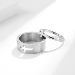 Hollow cross titanium steel rings for couples with brushed and polished metal finish