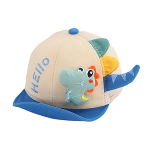 Toddler mesh baseball cap with green cartoon dinosaur design and blue visor mesh panels