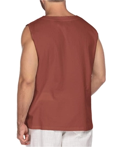 Rear view of men's sleeveless cotton linen shirt in rust red color with textured fabric