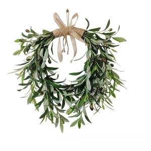 Detail of artificial olive leaf wreath with burlap bow and faux olives for home decor