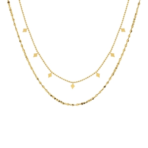 Double layered 18K gold titanium steel necklace with rhombic sequins and twisted flat links