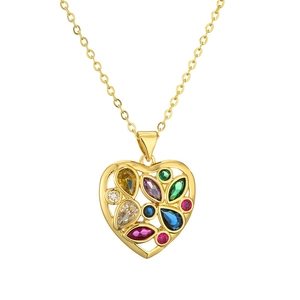 Gold hollow heart pendant necklace with colorful zircon stones on white background