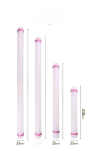 Size chart showing 23cm to 50cm plastic rolling pins with rubber guide rings for baking