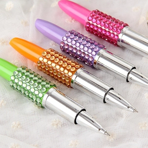 Lipstick-shaped ballpoint pens with rhinestones in pink purple orange and green