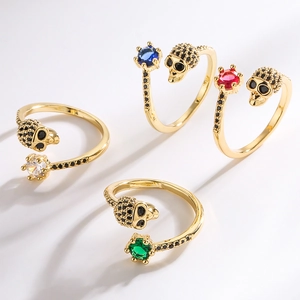 Gothic Skull Open Ring Copper Gold Plated Cubic Zirconia Adjustable Punk Hip Hop Jewelry For Women