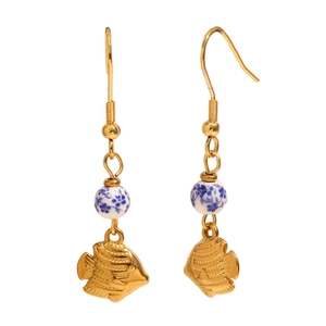 Vintage 18K vergoldete Edelstahl Ohrhänger mit blau-weißem Porzellanfisch Anhänger
