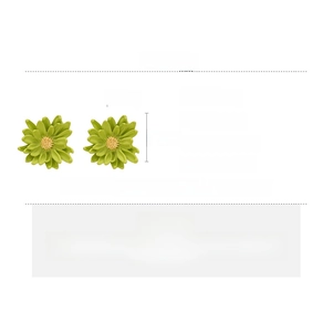 Detail view of green daisy earrings with alloy flower petals and silver needles