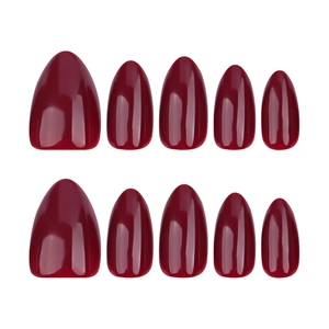 Glossy burgundy almond-shaped press-on nails set of 10 pieces on white background