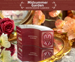 Midsummer Garden vintage scrapbook paper with gold foil floral details on dark red cover