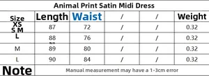 Size chart for the animal print satin midi skirt with waist and length details