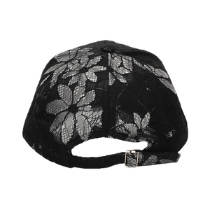 Rear view of black lace baseball cap with floral pattern and adjustable metal buckle