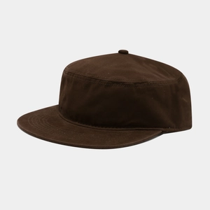 Detailed side view of a dark brown cotton twill flat top patrol cap with structured seams