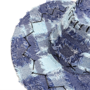Western denim cowboy hat with raw edges, patchwork denim design and zigzag stitching details