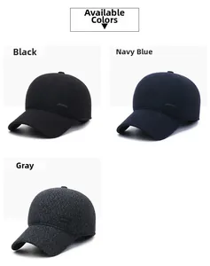 Close-up of winter baseball caps for seniors in black, navy, and grey wool fabric