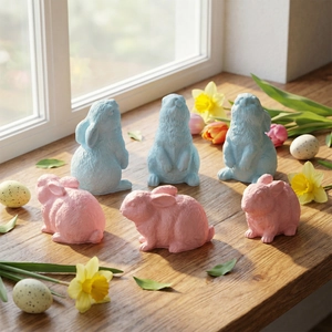 Gros plan de figurines de lapin en résine pastel avec texture de fourrure fine