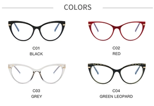 Cat eye glasses frames in black, red, grey, and green leopard print displayed in four colors