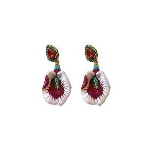 Vintage flower earrings with red teardrop stone and white calla lily petals