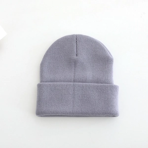 Minimalist light grey knitted beanie for boys with rib-knit design and folded cuff style