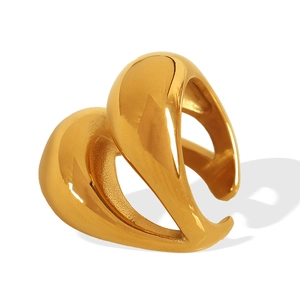 Minimalist golden titanium steel double-layer open ring with hollow teardrop design