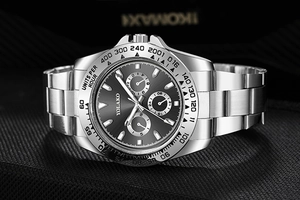 Detail shot of Yolako men's chronograph watch with tachymeter bezel and grey dial