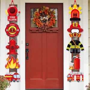 Firefighter birthday party door banners featuring vibrant fire trucks and hydrant graphics