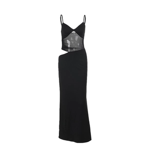 Slim fit black maxi dress with thin straps, side cutouts and sheer mesh patchwork detailing