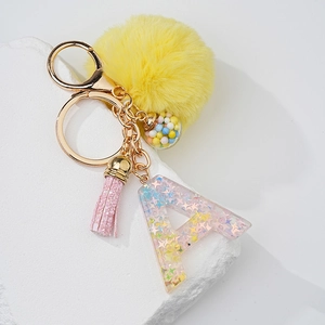 Fashion Sequin Resin Letter Keychain For Women Yellow Fur Ball Tassel Glass Ball Bag Pendant Star Sequin Alphabet Key Ring Accessory