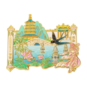 Golden Hangzhou West Lake metal fridge magnet with Leifeng Pagoda and lotus design