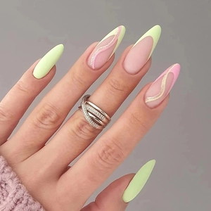 French Press On Nails Almond Shape Matte Yellow Pink Glitter Wavy Lines Artificial Fake Finger Nails For Women