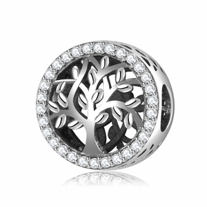 Tree Of Life Charm 925 Sterling Silver Cubic Zirconia Openwork Round Pendant For DIY Bracelet Necklace Making Women