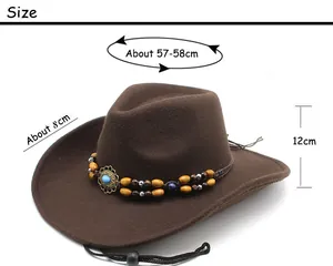 Size chart for brown western cowboy hat with brim and height dimensions in centimeters