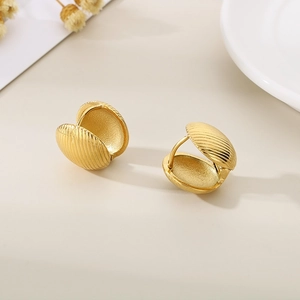 Minimalist gold shell earrings with striped texture in premium stainless steel design