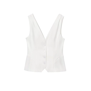 Women's minimalist white linen blend V-neck vest with button closure and slim fit design