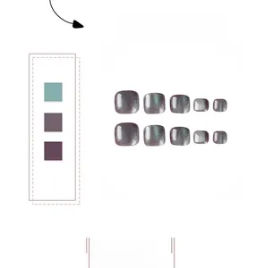 Detailed set of 10 cat-eye effect toenail press-ons in deep purple and green tones