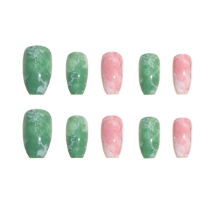 Green and pink marble coffin press-on nails with gold glitter accents and luxury design