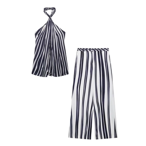 Damen Neckholder Rückenfreies Oberteil Und Weite Hose Mit Vertikalen Streifen Polyester Lässig Streetwear