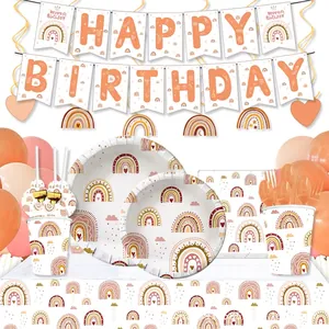 Boho Rainbow Birthday Party Supplies Tableware Decoration Paper Plates Cups Napkins Balloons Banner Tablecloth Bohemian Theme
