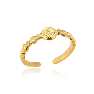 Detail of 18k gold plated adjustable open ring featuring unique hammer-textured circular motif