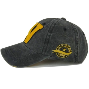 Vintage dark gray washed cotton baseball cap featuring bold yellow V embroidery