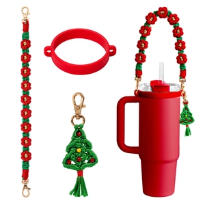 Christmas theme floral lanyard with silicone ring and tree charm for Stanley tumblers