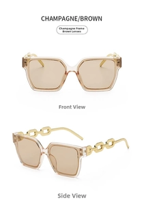Detail view of champagne square sunglasses with brown lenses and golden chain temples